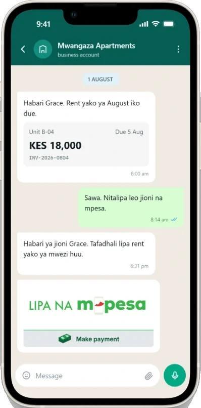 A WhatsApp thread: Nyumbisha sends August rent for unit B-04 with a Lipa na M-Pesa button.