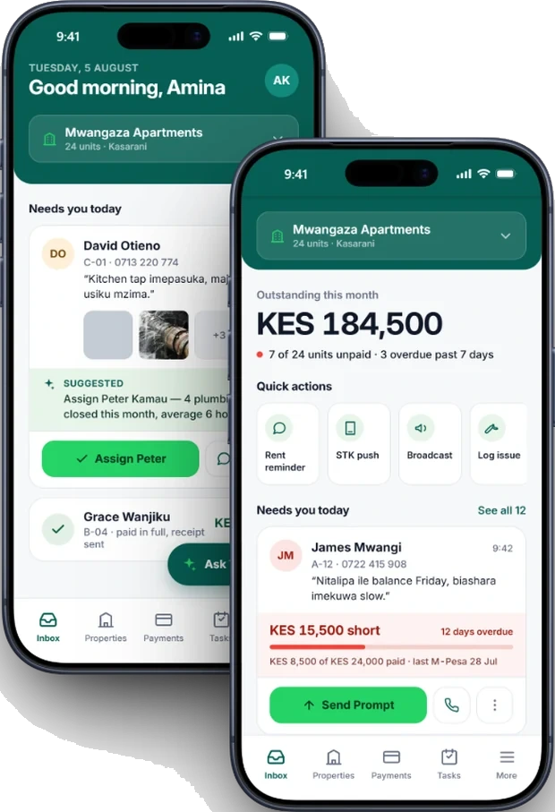 The landlord's day in the app: who is short on rent, with a Send Prompt button.